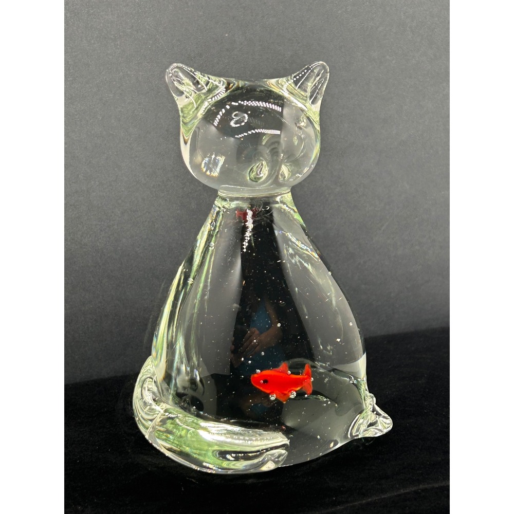 Vintage Murano Style Hand Blown Glass Cat Figurine with Red Fish Inside